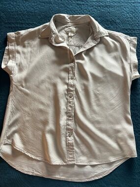 Tilley Tencel Cotton Beige Striped Button up Short Sleeve Outdoor Camp Shirt-L